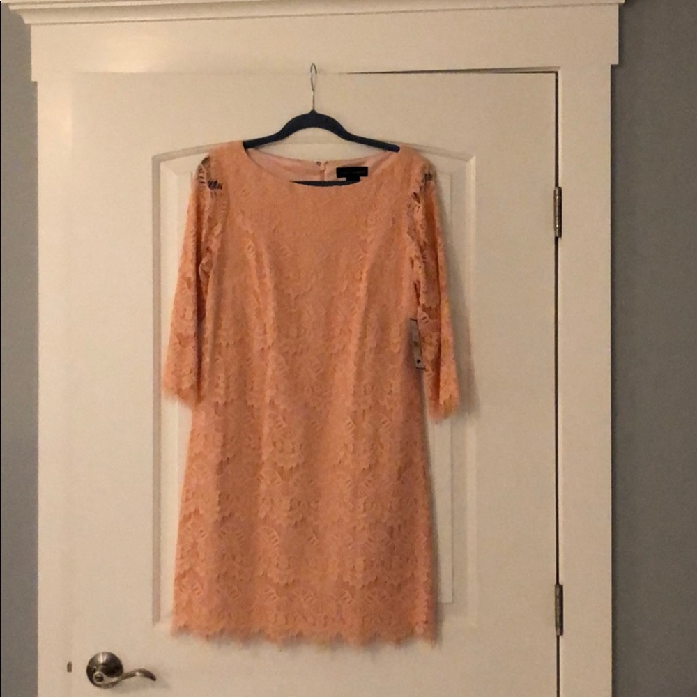 Lace overlay peach sheath dress